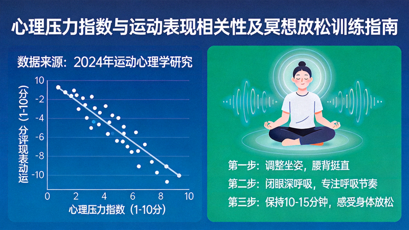 心理压力指数与运动表现相关性图表及冥想放松训练示意图