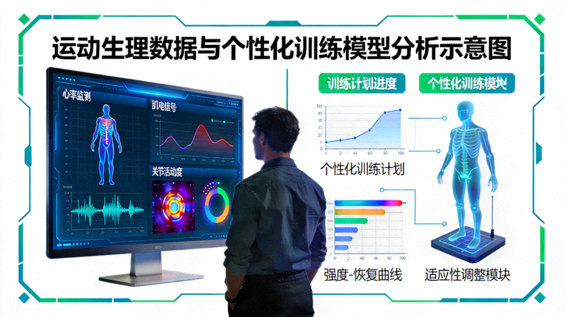 运动科学家分析人体运动生理数据与个性化训练模型示意图